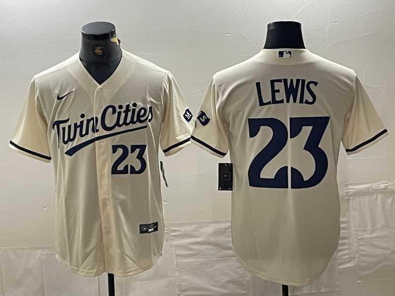 Mens Minnesota Twins #23 Royce Lewis Number Cream Cool Base Stitched Baseball Jersey